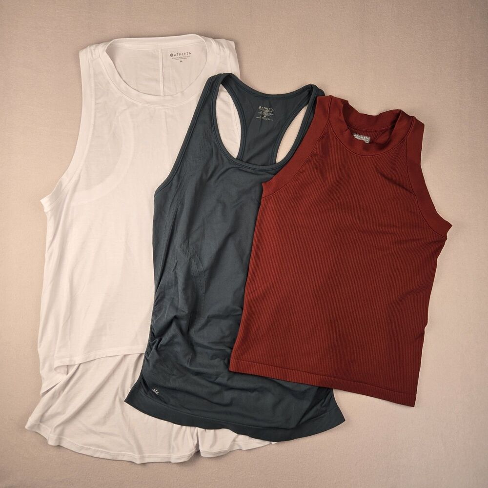 Athleta Lot of 3 Tank Tops Medium Racerback Sleeveless White Slate Green & Rust